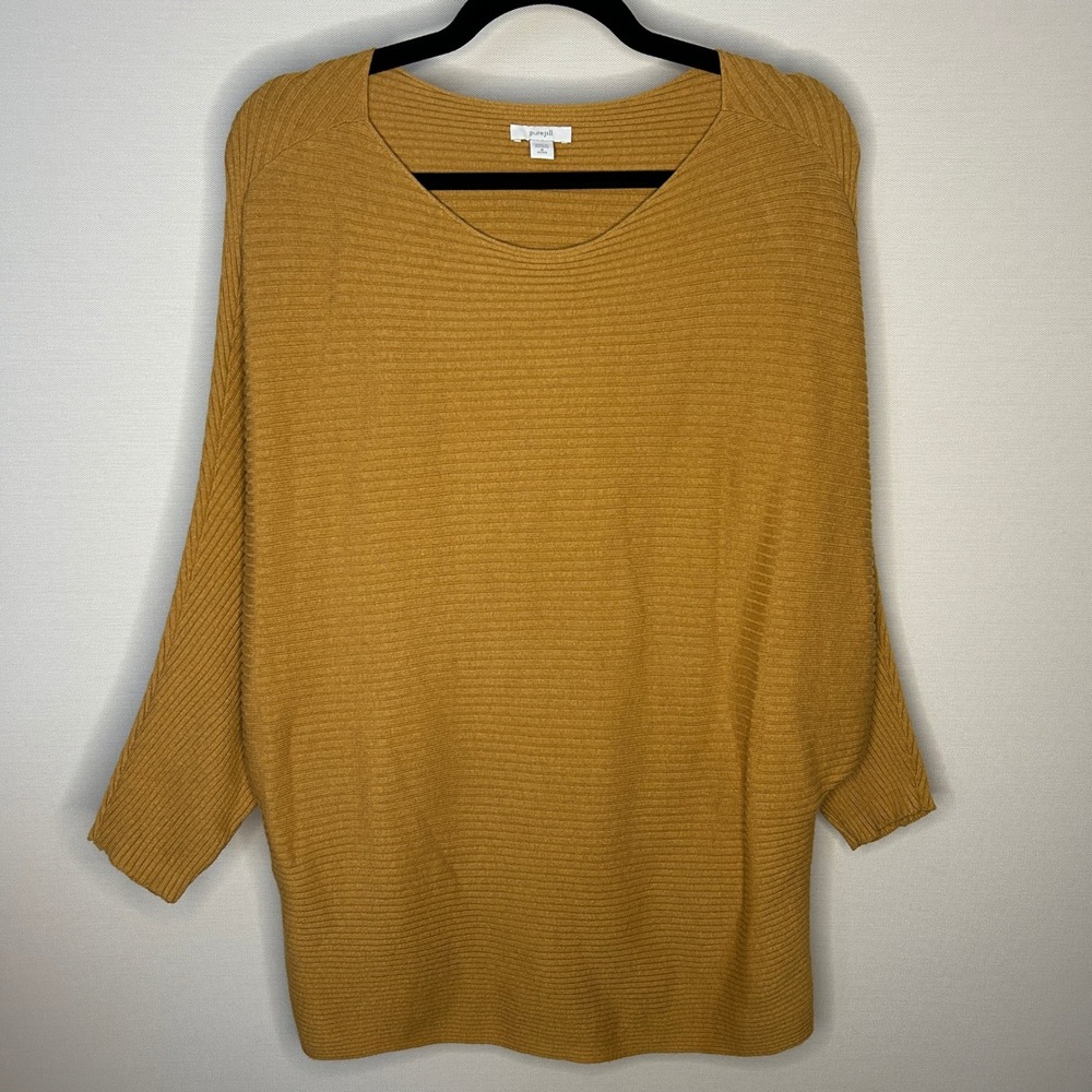 PureJill‎ Mustard Yellow Ribbed Dolman Sleeve Sweater Cotton Women Petite Medium